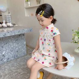 Girl's Dresses Summer Girls Dresses colorful flower embroidered gauze dress cheongsam 2023 new baby Kids Clothes Chinese style childrens wear