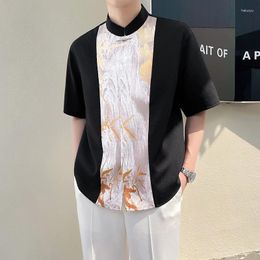 Men's Casual Shirts 2024 Summer Chinese Style Patchwork Shirt For Men Stand Up Collar Loose Half Sleeved Breathable Business