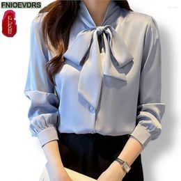 Women's Blouses 2024 Spring Summer Bow Tie Ribbon Lace-Up Tops Women Basic Wear Office Lady Work Long Sleeve Elegant Button White Shirts