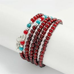 Link Bracelets Red Agate 4mm Beaded Chain For Women Girls Multi Layers Elastic Bohemian Jewelry Accessories Party Gifts