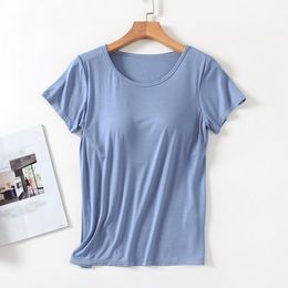 Women's Tops Chest Pad One-piece Bra Cup with Bra Slim t Shirt Female Summer T-shirt Bottoming Shirts Yiun1