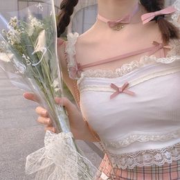 HOUZHOU Kawaii Lace Tank Top Women Summer Fairycore Japanese Cute Lolita Bow White Crop Top Sexy Coquette Aesthetic Camisole