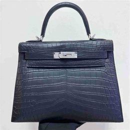 Designer Handbag Crocodile Leather 7A Quality Genuine Handswen Bags Sewn 25cmreal matte blacl deep blueJDJI