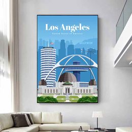 Los Angeles Cityscape Tourist Attractions Poster Prints USA Capitol Records Building Landscape Canvas Painting Wall Art Deccor