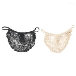 Shopping Bags -2Pcs Portable Reusable Mesh Cotton Net String Bag Organiser Tote Handbag Fruit Storage Shopper (Black Beige)