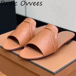 Slippers Summer Genuine Leather Round Toe Open Flat Simple Comfortable Sandals Soft Soled Anti Slip Home Use 2024