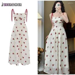 Casual Dresses 2024 French Vintage Elegant Sweet Cherry Embroidered Sleeveless Slip Midi Dress Women High Waist Beach Vacation Party