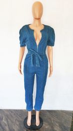 Denim Casual Jumpsuit Sexy Women V-neck Elegant Blue Jeans Pencil Overalls Rompers