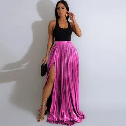 Skirts 2024 Metallic Maxi For Women Y2K High Waist Split Pleated A-line Long Skirt Clubwear Party Night Prom Jupe Longues Femme