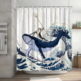 Funny Animal Shower Curtain Cool Cat Riding Dinosaur Japanese Ocean Wave Decor Bathroom Curtains Kids Rustic Wooden Bath Curtain