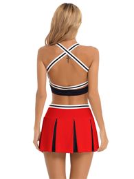 Womens Cheerleader Uniform Cheerleading Dance Performance Costume Crop Top with Elastic Waist Pleated Skirt Set Dancewear