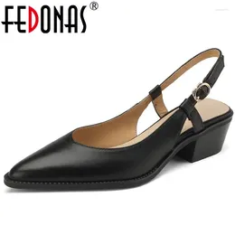 Dress Shoes FEDONAS Women Sandals Pointed Toe Thick Heels Genuine Leather Pumps Office Spring Summer Fashion Concise Slingbacks Woman