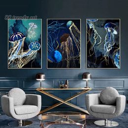 Abstract Ocean Animals Posters Metallic Marine Life Whale Jellyfish Octopus Stingray Canvas Painting Wall Art Picture Home Decor