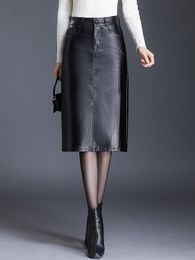 2022 High Quality Fall Winter Women Pencil Black Red Office Lady High Waist PU Leather Skirts S-3XL Mid-Long Sexy Skirt Female