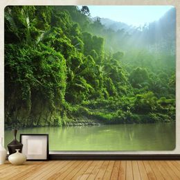 Green Forest Tapestry Tapestries Tree Quiet Lake Boat Home Decoration Tapestry Natural Landscape Theme for Bedroom Living Room Decorations R0411