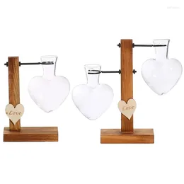 Vases JHD-Glass Test Tube Vase Wood Stand Glass Heart Shape Romantic Hydroponic Plants Holder Bonsai Desktop Decor