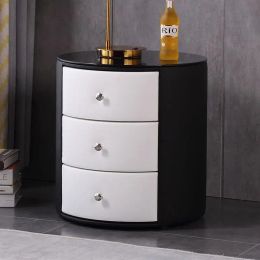 Minimalist Modern Circular Nightstands Leather Wraped Bedside Table Solid Wood Slate Night Stands for Bedroom Storage Cabinet