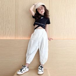 Clothing Sets Girls' Summer Set 2024 Mid To Big Boys Fashionable Short Love T-shirt Casual Pants Two Piece Trendy Girl Clothes