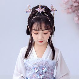 Purple Flower Hair Sticks Chinese Hanfu Hair Accessories Pearl Tassel Alloy Hairpins Antique Golden Alloy Headpiece Hair Jewellery