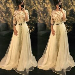Modest Long Evening Dresses 2024 Lace Appliques Caftan Morrocco Jellaba Caftan Full length 3D Floral Occasion Prom Gowns