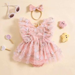 Girl's Dresses Baby Clothing Girl Rompers Dress Summer Flower Embroidered Tulle Jumpsuit And Bowknot Headband Clothes Newborn Set