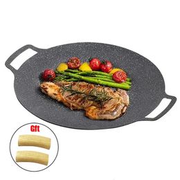 Korean BBQ Grill Pan Smokeless Round Griddle Pan Barbecue Plate Indoor Outdoor Grilling Frying Pan with Heatresistant holder 240409