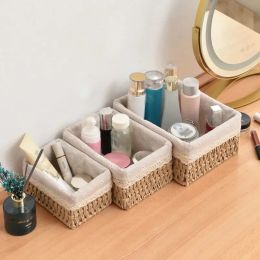 Handwoven Storage Box Rattan with Cover Storage Baskets Hollow Paper Rope Storage Basket Desktop Sundries Cosmetics Organiser