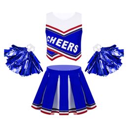 Kids Girls Cheerleading Uniform Dance Costume V Neck Printed Vest with Pleated Skirt and 1 Pair Tassel Flower Balls Outfit Set