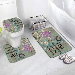 Rustic Wooden Board Bath Mat Floral English Letters Home Decor Floor Rug Non-Slip Foot Mat Toilet Cover Bathroom Accessories Set