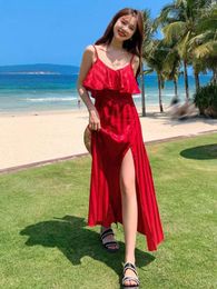 Casual Dresses Red Striped Ruffles Birthday Evening Party Long Women Summer Slim Spaghetti Strap Backless Midi Split Dress Fashion