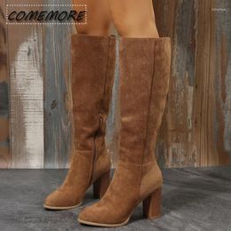 Boots Women Cowboy Heels Western Chunky Shoes Leather Knee High Long Elegant Designer Plus Size 2024 Pole Dance Brown Casual