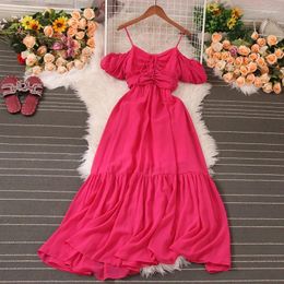 Casual Dresses Retro Ruffle Elegant Chiffon Slip Dress A-line Short Sleeve Slash Neck High Waist Beach Women Summer