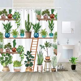 Shower Curtains Green Potted Plant Curtain Hanging Tropical Plants Leaves Decorative Bath Polyester Waterproof Bathroom