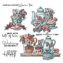 Mangocraft Vintage Roses Tea Set Metal Cutting Dies Clear Stamps European Teapot Cups DIY Scrapbooking Cut Dies Stamps For Card