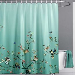 Chinese Floral Birds Green British Style Shower Curtain with Hooks Mint Light Green Turquoise Teal Butterfly Bathroom Curtains