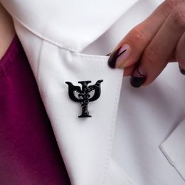 Hanreshe Psi Caduceus Black Enamel Brooch Medical Psychology Lapel Coat Snake Stick Badge Pins Jewellery for Psychiatrist Doctor