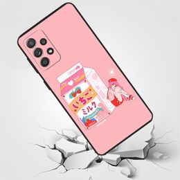 Kawaii Japanese Strawberry Milk Box Black Phone Case for Samsung Galaxy A51 A71 A41 A31 A21S A50 A70 A40 A30 A20E A10 Note 20 Ul