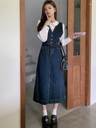 Casual Dresses Ladies Retro Blue Denim Midi Dress Summer V Neck Sleeveless Single Breasted Jeans With Pocket Tank Female