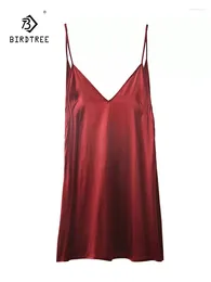 Women's Sleepwear BirdTree 93%Real Silk Pyjama Dress Women Spaghetti Strap Sexy Flirt Backless Deep V Nightgown 2024 Summer P43021QC