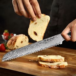 TURWHO 8 Inch Serrated Bread Knife 67 Layers Damascus Steel Resin Handle Kitchen Knives High Quality Cake Knife Cooking Tools