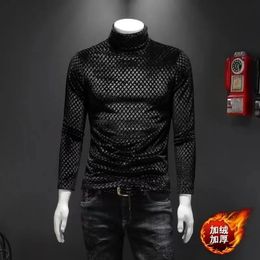 Winter Gold Velvet T-shirt Men Turtleneck Casual Camiseta Hombre Korean Slim Thick Long-sleeved Pullovers Male Solid Colour Tops 240407