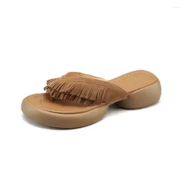 Slippers Women's Fashion Outerwear Thick Sole Frosted Leather Toe Clip Retro Sandals Heels Sponge Cake Tassel