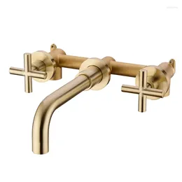 Bathroom Sink Faucets Brushed Gold Solid Brass Wall Mounted Basin Faucet Mixer Taps Black/ Gold/Brushed Rose 2 Handle