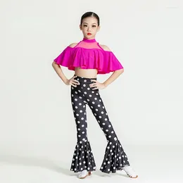 Stage Wear Cha Samba Rumba Tango Party Dancing Clothes Kids Ruffled Top Flared Pants For Girls Ballroom Latin Dance Competition Costume