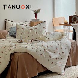 Bedding Sets Nordic Retro Floral Rose Cotton Sanding Bed Linens Duvet Quilt Cover Sheet Pillowcases For Home Light Soft High Quality