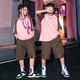 Boys Girls Hip Hop Dance Outfit Summer Crewneck Patchwork T-shirt Top Elastic Waist Loose Casual Shorts 2pcs Children's Clothing