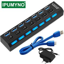 Hubs USB HUB 3.0 4 7 Port Usb Multi Splitter With Power Switch Supply Adapter For Macbook Pc Computer Laptops Notebook Accessories