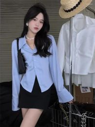 Women's Blouses Spring Classic Solid Color Fashion Slim Shirt French V-neck Trumpet Sleeve Single-breasted Simple Casual