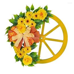 Decorative Flowers Q6PE Spring Yellow Flower Wheel Wreath 2024 Simulation Bowknot Garlands Valentines Day Festival Wreaths For Front Door