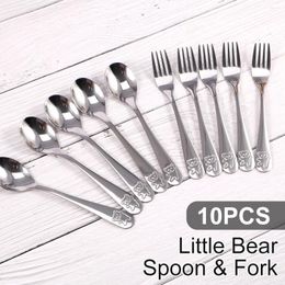 Dinnerware Sets 10Pcs Kids Spoon Fork Set Stainless Steel Toddler Utensils Cute Cartoon Bear Flatware Dishwasher Safe For Children